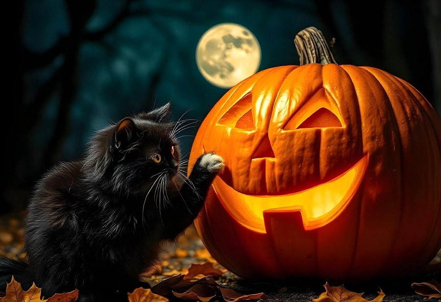 Chat avec citrouille à Halloween