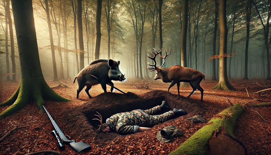 Sanglier qui enterre un chasseur dans la forêt