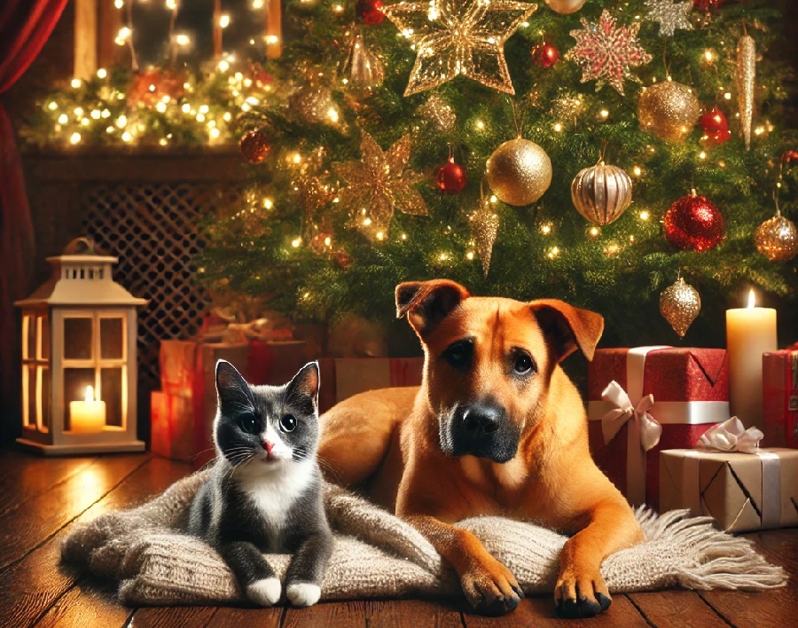 Chien et chat sous le sapin de Noël