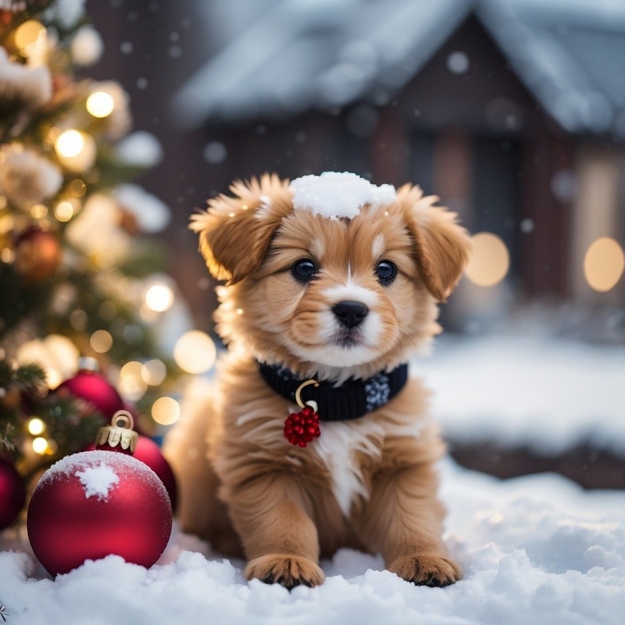 Chien et sapin de Noël sous la neige