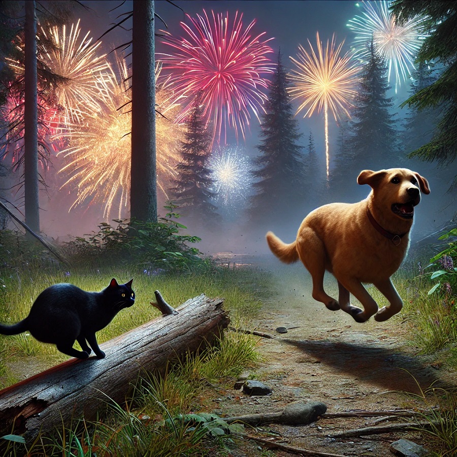 Chat et chien qui s'enfuit suite à un feu d'artifice