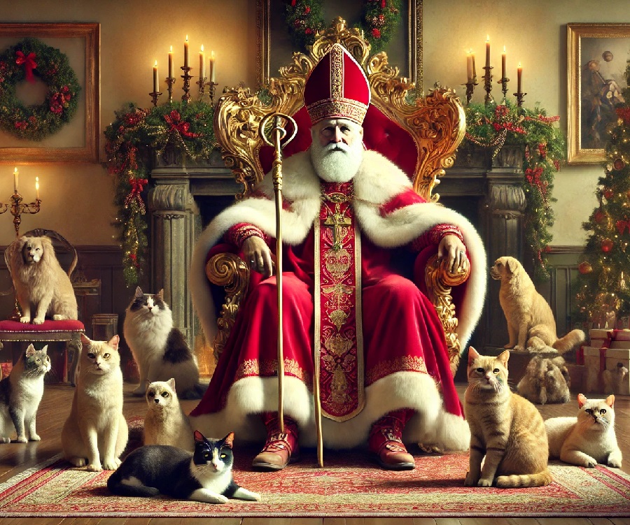 Saint-Nicolas avec des chats et des chiens