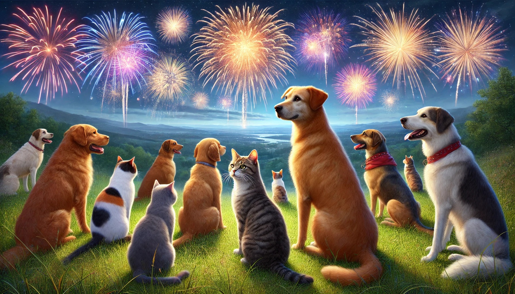 Chats et chiens observant des feux d'artifice