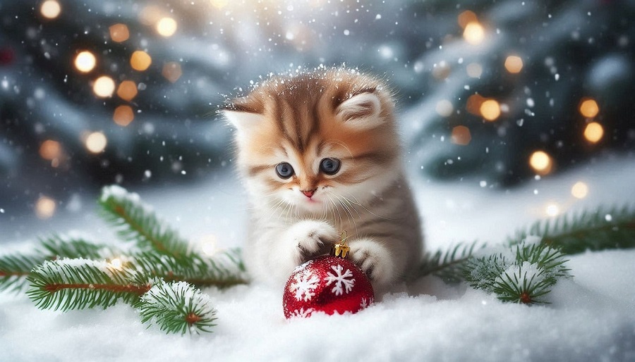 Chat joue avec boule de Noël dans la neige