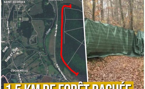 Carte satellite de la forêt de Dreux montrant un tracé rouge d’environ Carte satellite de la forêt de Dreux montrant un tracé rouge d’environ