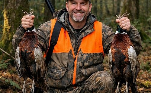 Chasseur à genoux dans un bois, en tenue de camouflage avec gilet oran Chasseur à genoux dans un bois, en tenue de camouflage avec gilet oran