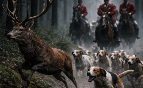 Chasse à courre : Dans une forêt, un cerf est pourchassé par une meute Chasse à courre : Dans une forêt, un cerf est pourchassé par une meute