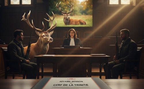 Salle d’audience sombre avec une juge assise au centre, deux hommes te Salle d’audience sombre avec une juge assise au centre, deux hommes te