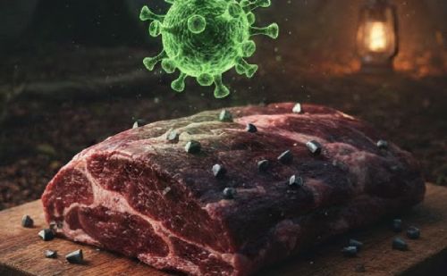 Pièce de viande de gibier crue sur une planche, surmontée d’un virus s Pièce de viande de gibier crue sur une planche, surmontée d’un virus s