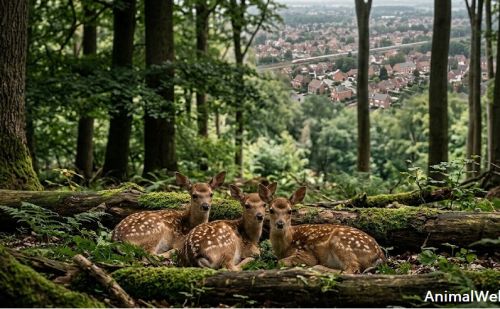 Trois faons dans une forêt avec en arrière-plan, une ville Trois faons dans une forêt avec en arrière-plan, une ville