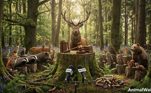 Allégorie d'un procès : un grand cerf juge suprême préside une audienc Allégorie d'un procès : un grand cerf juge suprême préside une audienc