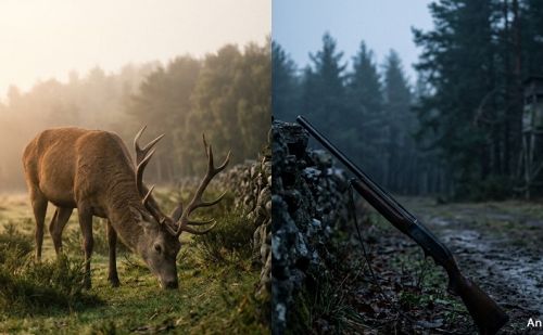 Face à face d'un cerf qui mange de l'herbe et un fusil dans une forêt Face à face d'un cerf qui mange de l'herbe et un fusil dans une forêt