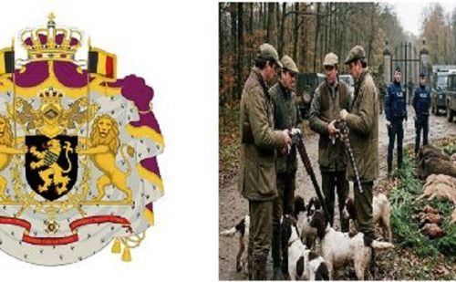 Armoirie belge et chasseurs qui discutent. Armoirie belge et chasseurs qui discutent.