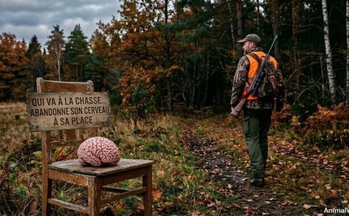 Chasseur qui part en forêt avec un cerveau sur une chaise Chasseur qui part en forêt avec un cerveau sur une chaise