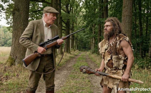Le chasseur et un cro-magnon dans un bois Le chasseur et un cro-magnon dans un bois