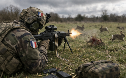 Militaire français qui tire sur des lapins de garenne Militaire français qui tire sur des lapins de garenne