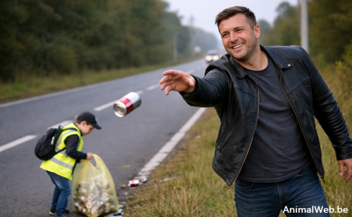 Un homme, jette sa canette tandis qu'un enfant ramasse les canettes Un homme, jette sa canette tandis qu'un enfant ramasse les canettes