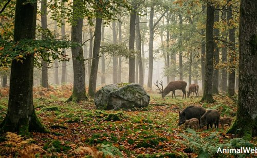 Cerf, biche et sangliers qui sont dans une forêt Cerf, biche et sangliers qui sont dans une forêt