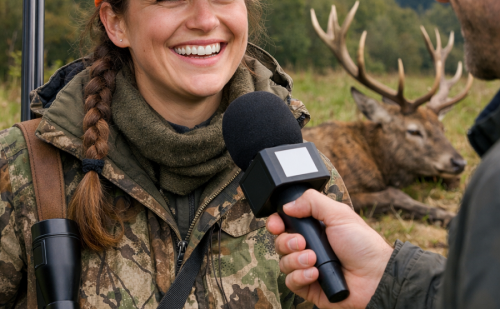 Une chasseresse interviewé avec en arrière plan un cerf mort Une chasseresse interviewé avec en arrière plan un cerf mort