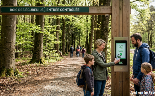 Promeneurs qui scannent leur billet avant d'entrée dans un bois Promeneurs qui scannent leur billet avant d'entrée dans un bois