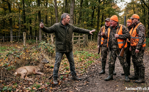 Chevreuil blessé protégé par une personne face à 4 chasseurs Chevreuil blessé protégé par une personne face à 4 chasseurs
